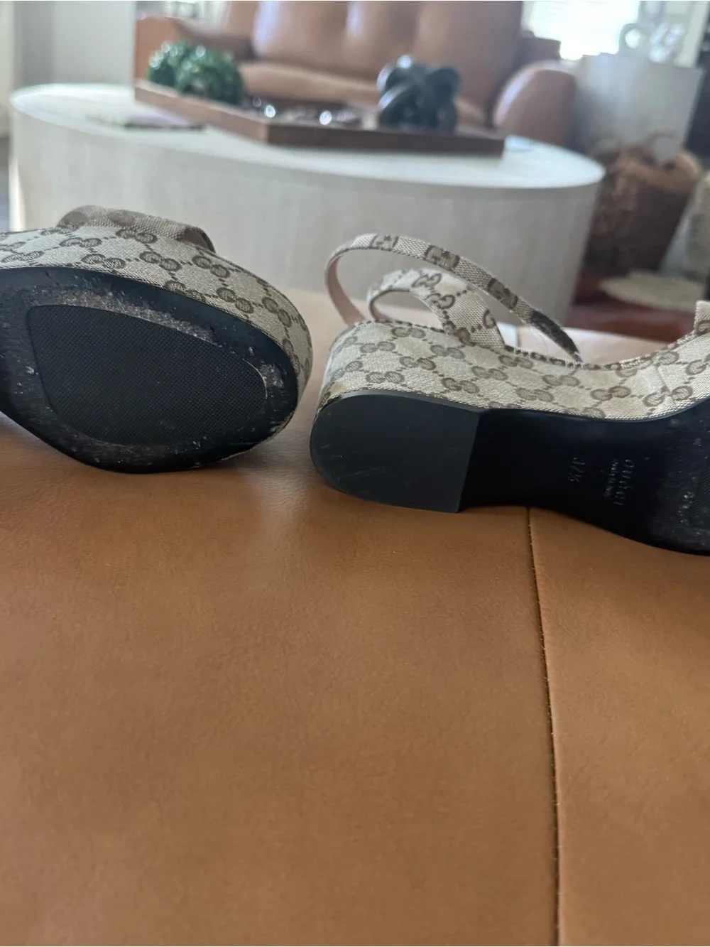 Gucci Tan Monogram Platform Slingback Sandals with Gold Horsebit